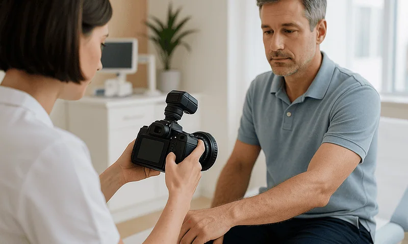 Doctor examining a patient's skin for seborrheic dermatitis diagnosis.