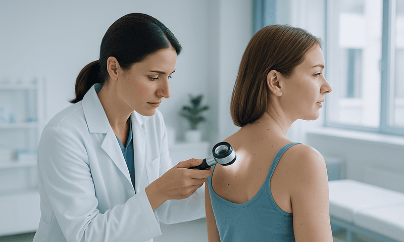 Dermatologist examining a patient's shoulder with a dermatoscope.