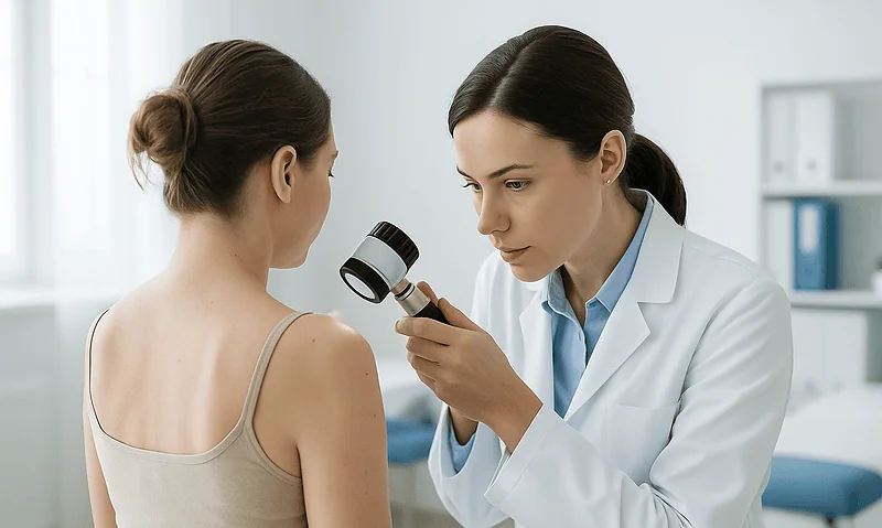 Dermatologist examining patient's skin with a dermatoscope at Acibadem Hospital.