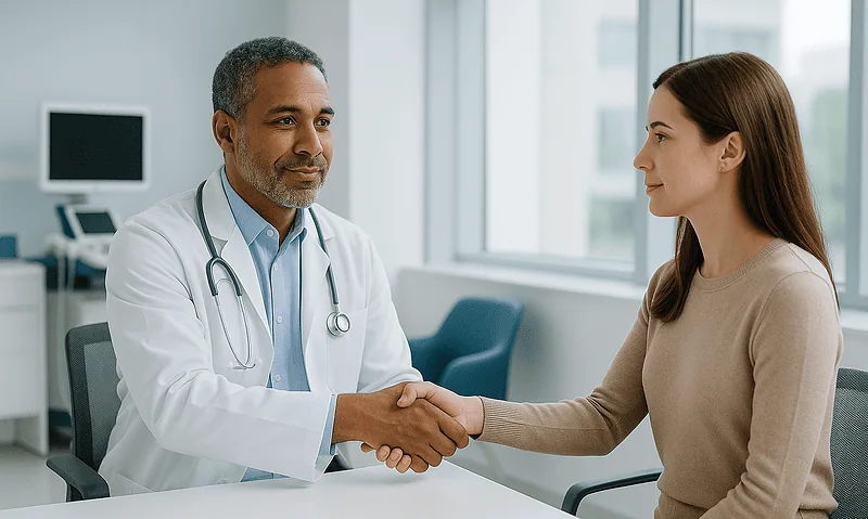 Doctor shaking hands with a female patient in a modern clinic setting.