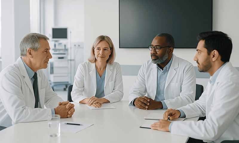 Medical team discussing patient care in a hospital conference room.