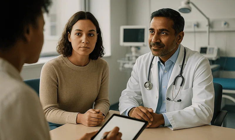 Doctor consulting with female patient and companion in hospital setting.