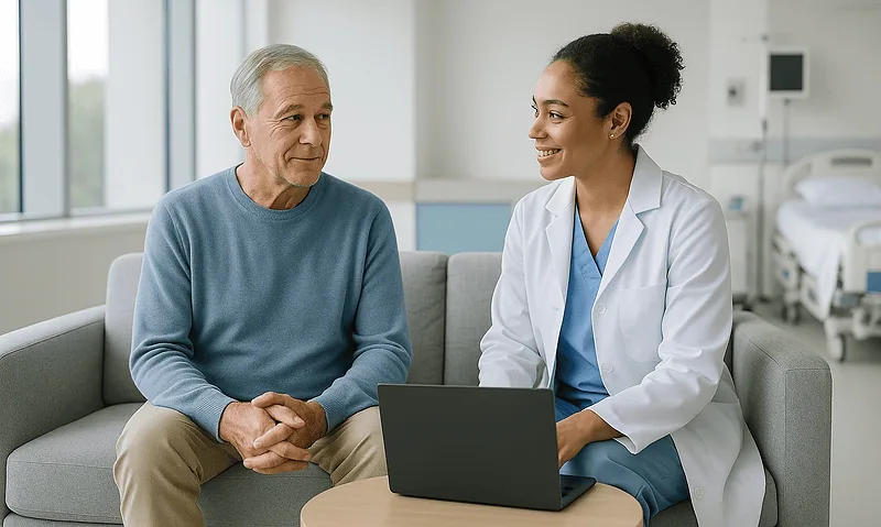 Doctor consulting with elderly patient in hospital setting.