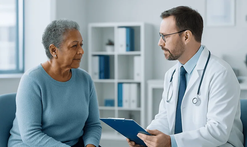Doctor consulting with an elderly woman in a medical office.