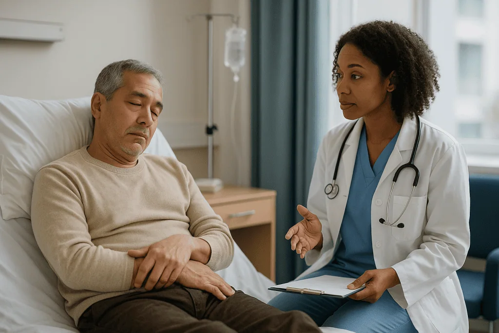 Doctor consulting with male patient in hospital room — Secondary adrenal insufficiency symptoms: how they differ from primary