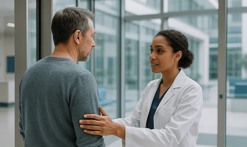 Doctor consulting with a patient in a modern hospital setting.