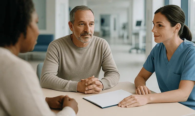 Patient consulting with medical staff at Acibadem Hospital in Turkey.