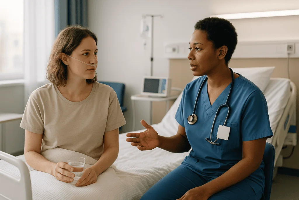 Healthcare provider consulting with patient in hospital room: Sedation vs general anesthesia: the real difference