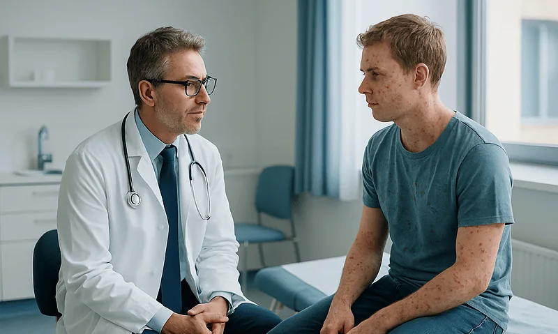 Doctor consulting with a young male patient in a medical office.