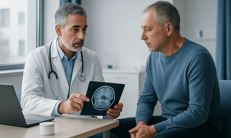 Doctor explaining brain scan to patient in consultation room.