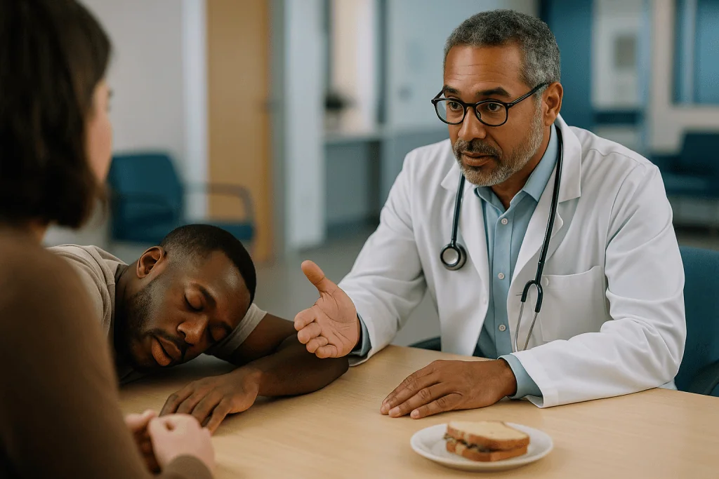 Doctor consulting with patient and companion at table: Seizure first aid: should you stop someone swallowing their tongue?