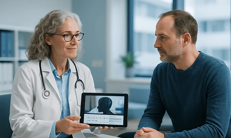 Doctor explaining pediatric epilepsy to a patient with tablet in a hospital setting.