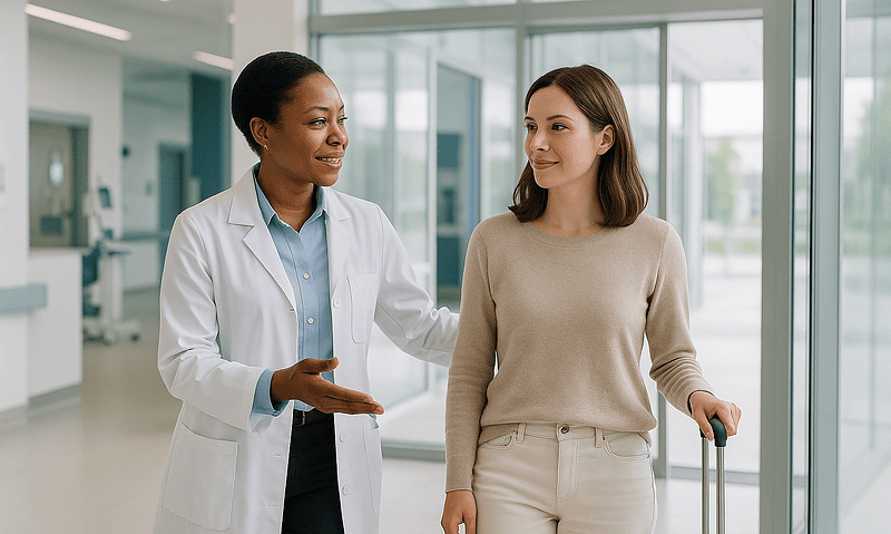 Doctor and patient having a friendly conversation at hospital.