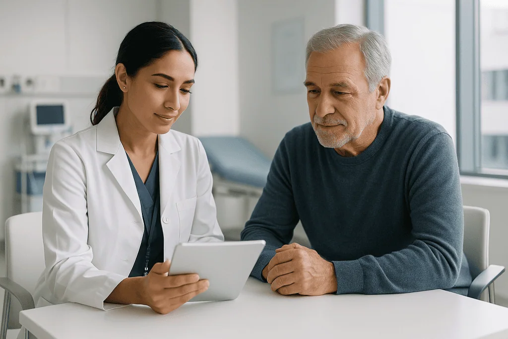 Selecting the Right Hospital in Turkey for International Patients 1 Doctor consulting with an elderly patient in a hospital setting.