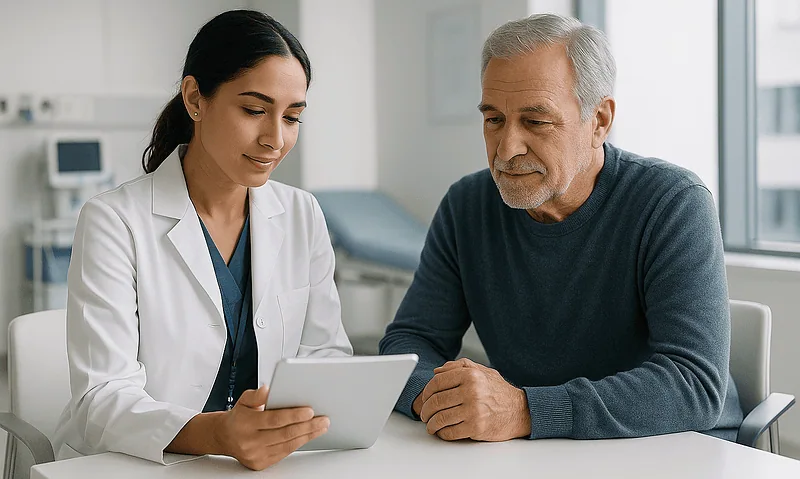 Doctor consulting with an elderly patient in a hospital setting.
