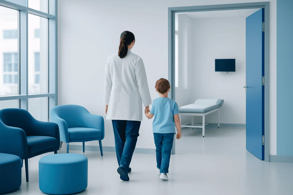 Selective Dorsal Rhizotomy 1 Doctor walking with a young patient in a hospital corridor.
