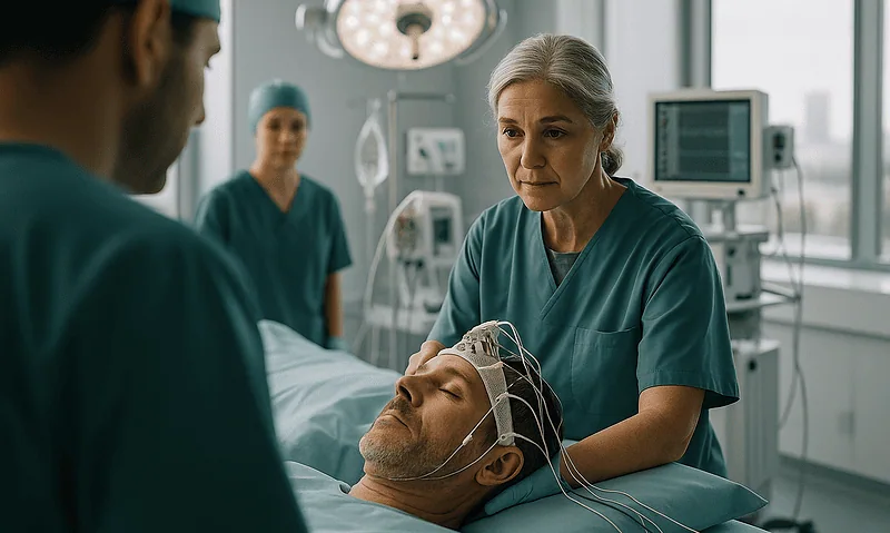 Surgeons preparing for a neurological procedure in a hospital operating room.