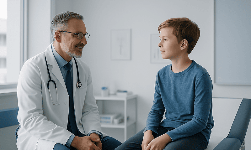 Doctor consulting with a young patient in a medical office.