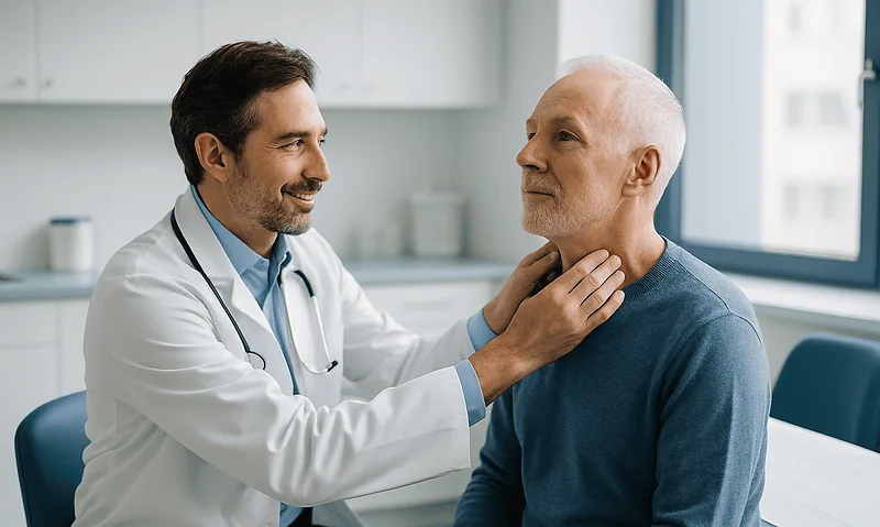 Doctor examining a senior male patient in a medical consultation room.