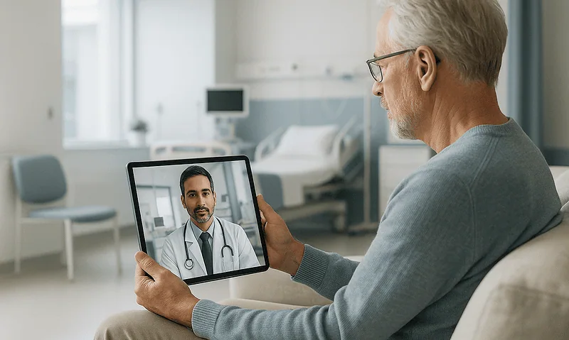 Elderly man consulting with doctor via telemedicine on tablet in hospital room.