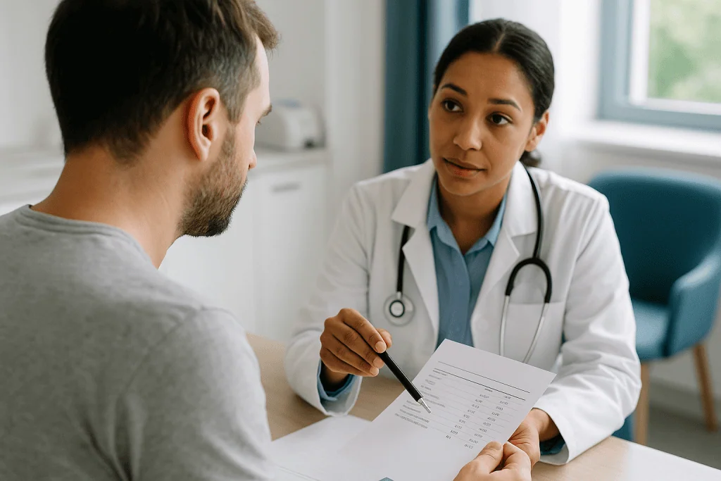 Doctor consulting with male patient reviewing medical document: Semen analysis reference values: what the numbers mean