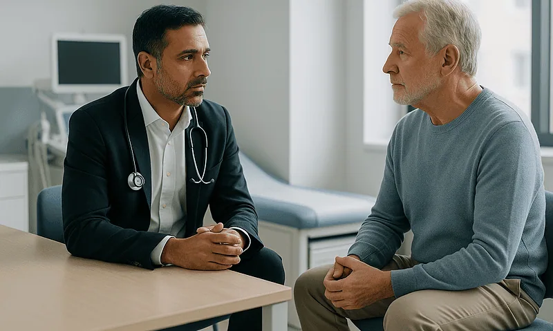 Doctor consulting with an elderly patient in a medical office.