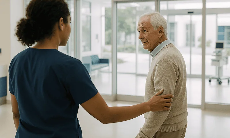 Nurse comforting an elderly patient in a hospital corridor.
