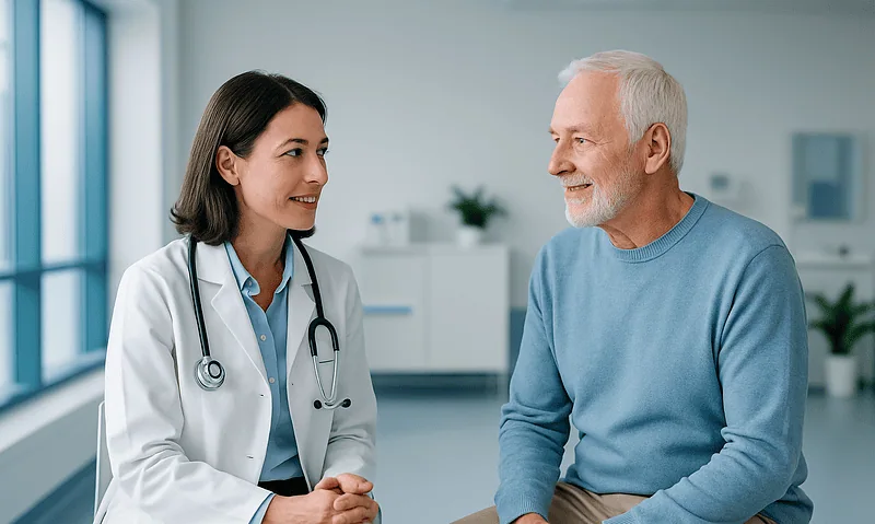 Doctor consulting with elderly patient in a modern hospital setting.