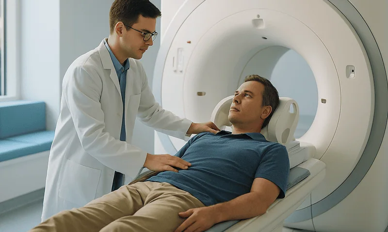 Doctor preparing patient for MRI scan in hospital setting.