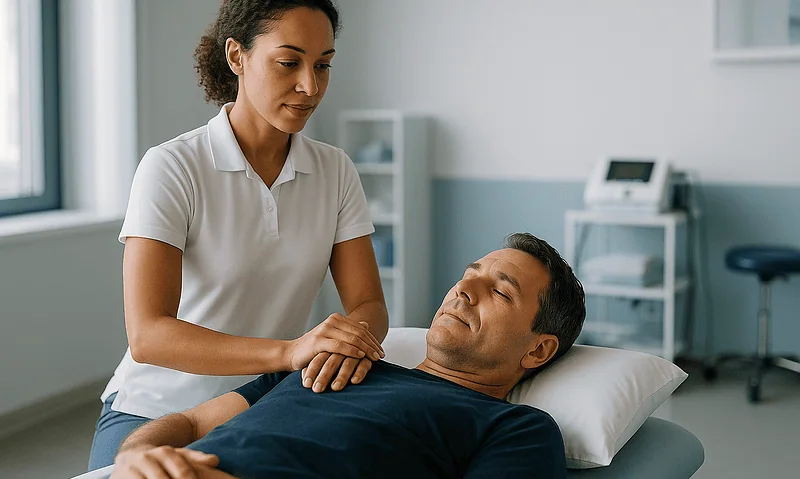 Therapist providing sensory integration therapy to a patient in a clinical setting.