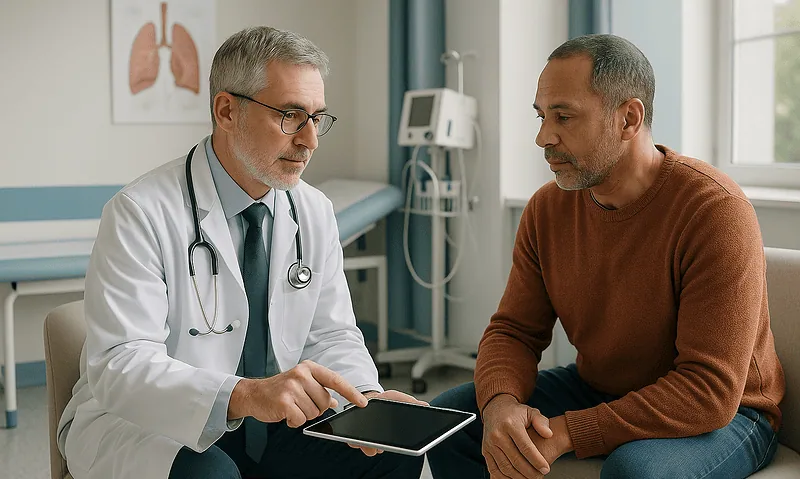 Doctor consulting with a patient in a hospital room with medical equipment and lung diagram.