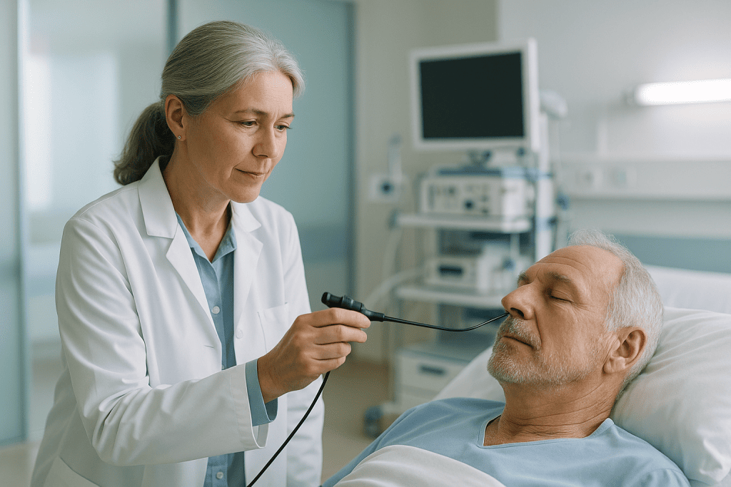 Septoplasty 1 ENT doctor examining elderly male patient in hospital room.