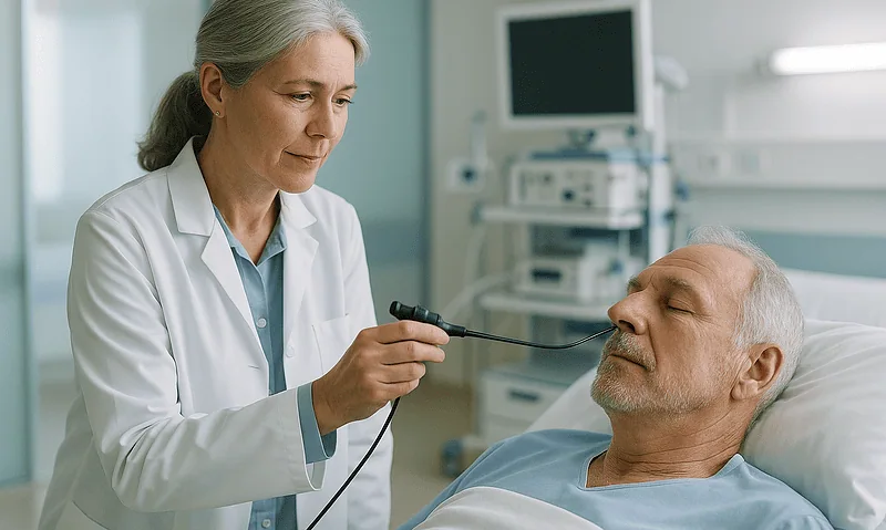 ENT doctor examining elderly male patient in hospital room.