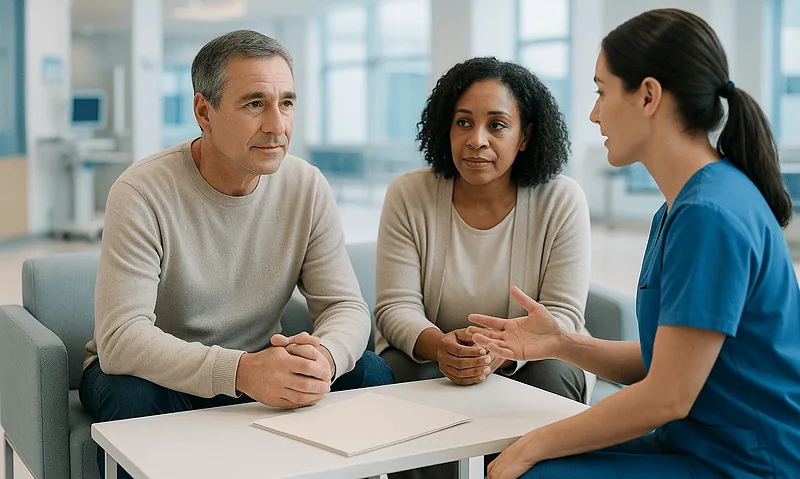 Doctor consulting with middle-aged couple in a hospital setting.