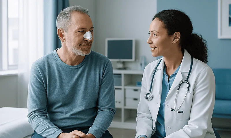 Doctor consulting with a male patient in a hospital room.