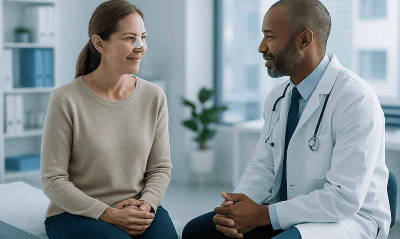 Septoplasty Recovery: Week by Week 2 Doctor consulting with a female patient in a modern clinic setting.
