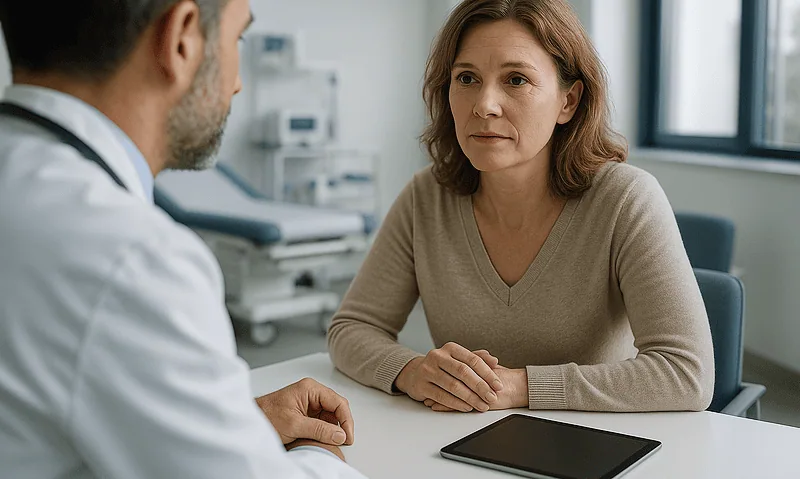 Doctor consulting with a female patient in a medical office.