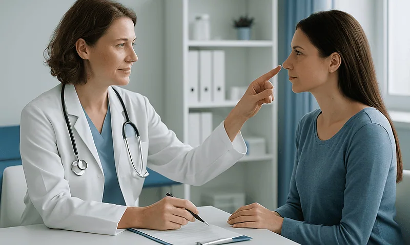Doctor examining young woman's nose during consultation at hospital.