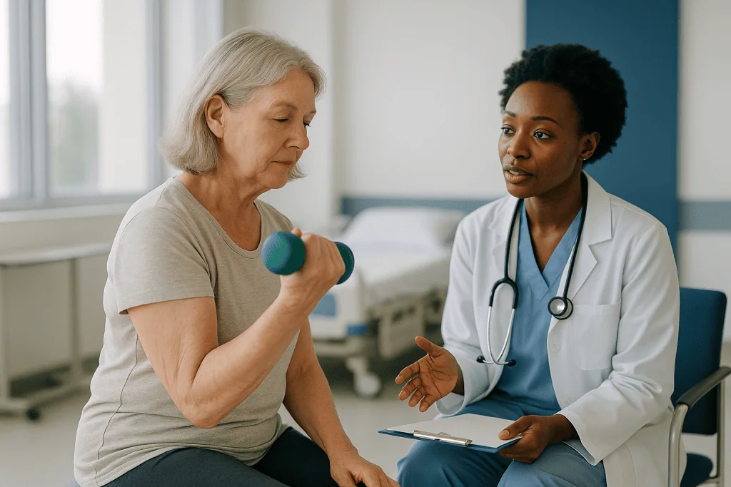 Female patient doing dumbbell exercise with female doctor observing — Sermorelin vs HGH: is “natural” a meaningful difference