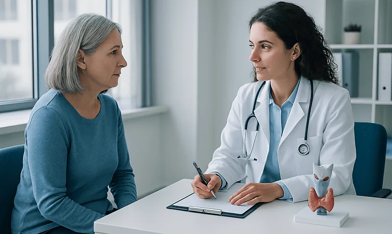 Doctor consulting with an elderly woman in a medical office.