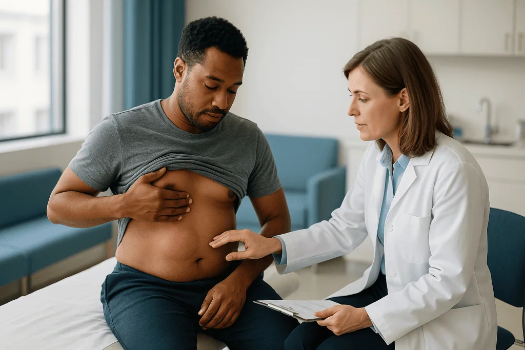 Doctor examining male patient's chest after surgery: Seroma after gynecomastia surgery: the fluid build-up that most often n