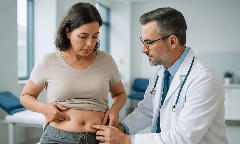 Doctor examining woman's abdomen for post-tummy tuck complications.
