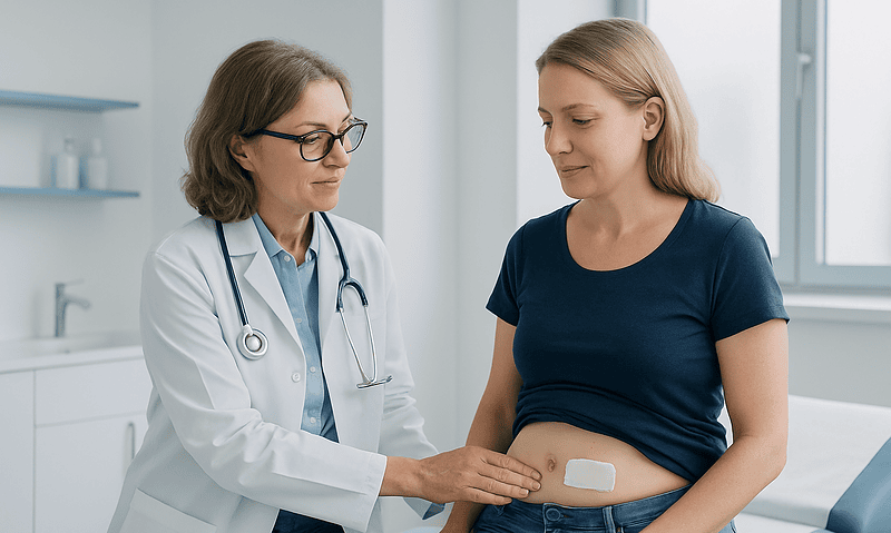 Doctor examining a patient's abdomen with a bandage in a clinical setting.