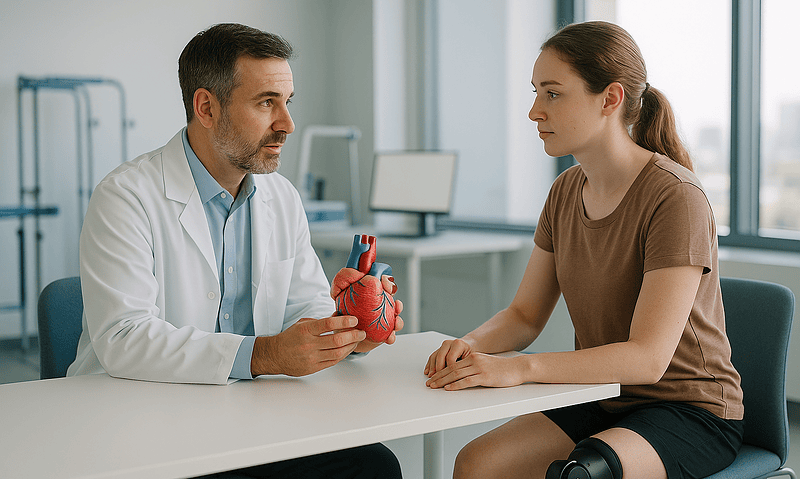 Cardiologist explaining heart health to young female patient in clinic.