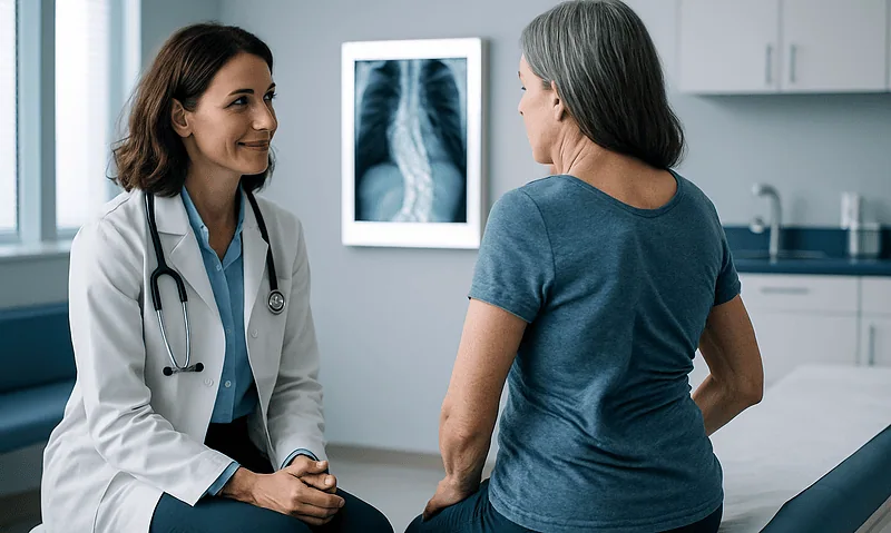 Doctor consulting with a patient about scoliosis in a medical office.