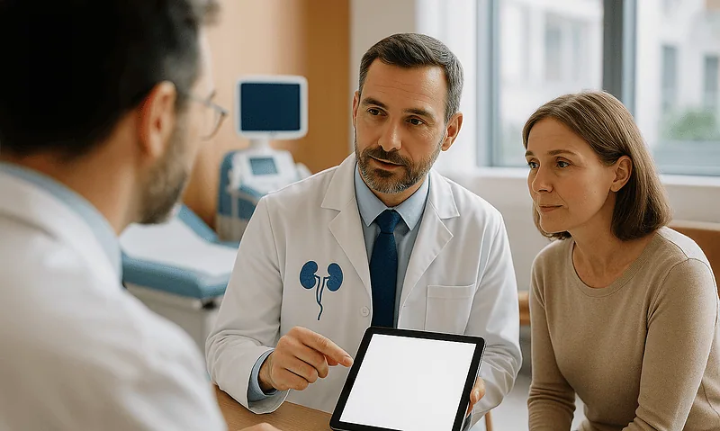 Doctor discussing treatment options with a couple in a medical consultation.