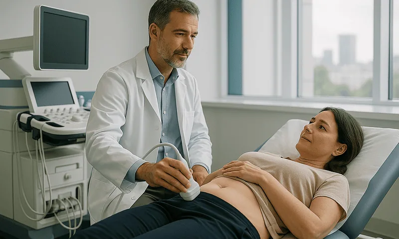 Doctor performing ultrasound examination on female patient in hospital room.