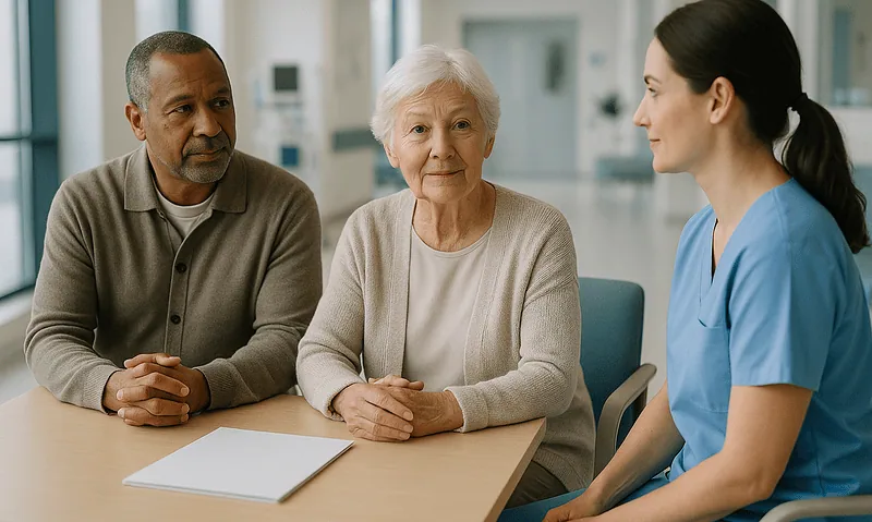 Doctor discussing medical imaging with elderly patient and companion in hospital.