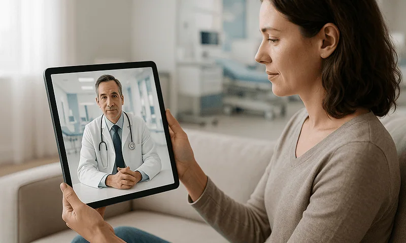 Woman consulting with doctor via tablet in a medical setting.