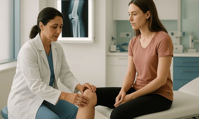 Doctor examining patient's knee in a medical consultation room.